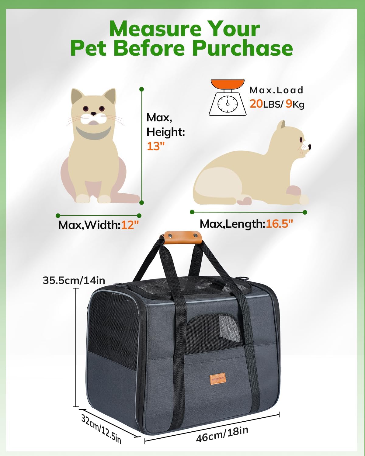 Morpilot Cat Carrier Soft - Portable Pet Carrier for Small or Medium Cats, Dogs and Puppy up to 14lbs, Airline Approved Dog Carrier with Safety Buckle - (Dark Gray)