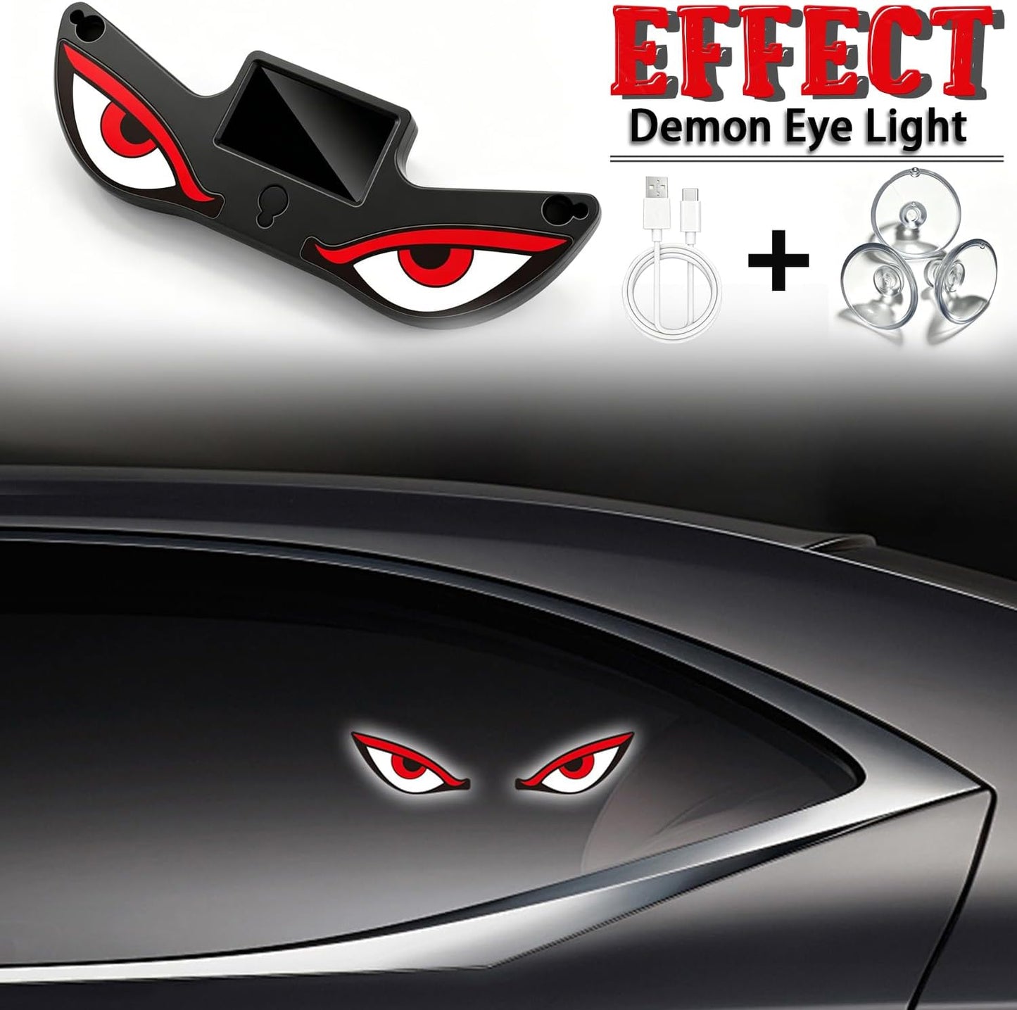 Solar Demon Eye LED Car Wireless Window Light, Eye Light for Windshield Suction Cup Dynamic Windshield Ambient Lamp Solar and USB Powered Lights for SUV, Truck,Van,RV(Red/WhiteEye/Nighttime use)