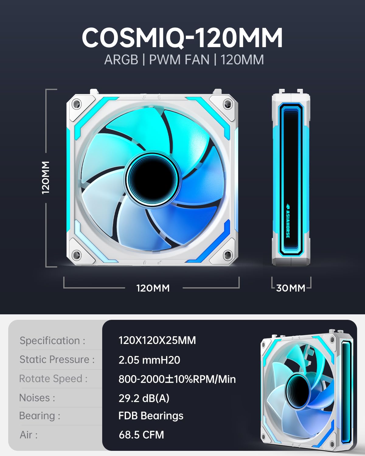 AsiaHorse COSMIQ-Black 120mm PC RGB Fans, 5V 3-PIN Connector Daisy Chain FDB PWM Computer Case Fans with RGB Controller for Cases CPU Liquid Coolers, 3Pack (Black) (White, 3_Pack_Forward_Blade)