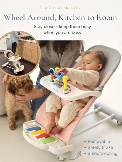 CuddoBaby Baby Bouncer 4-in-1 on Wheels |Detachable Pianos, Feeding Tray| 3-Level Recline Foldable Seat with Play Bar for Infant to Toddler 0-6, 0-12, 12-24 Months, Baby Gift Idea- Blue