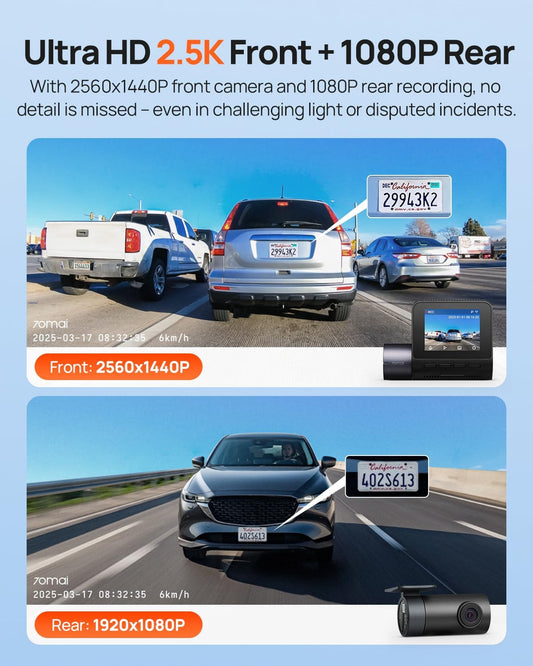 70mai Dash Cam Front and Rear - 2.5K+1080P Dual Dash Camera with HDR, Super Night Vision, F1.55 Aperture, 24H Parking Mode, Built-in Wi-Fi & GPS, G-Sensor, Loop Recording, 64GB Card Included (A410) - PuriLite