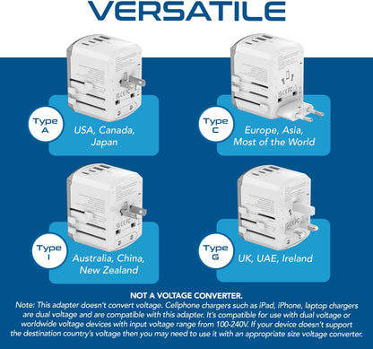 Ceptics Universal Travel Adapter kit, Dual USB (QC 3.0) + 2 US outlets + USB-C Cable, Use with Chargers, Cell Phones, Laptops, 6 Plug attachments for Worldwide use (Does Not Convert Voltage) (WPS-2B)