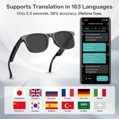 2025 Bluetooth Smart Glasses for Men Women with 163 Language Translation,7 Day Ultra-Long Standby,UV Protection,IP65 Waterproof,Wireless Music & Calls,Multifunctional Sunglasses for Android iOS
