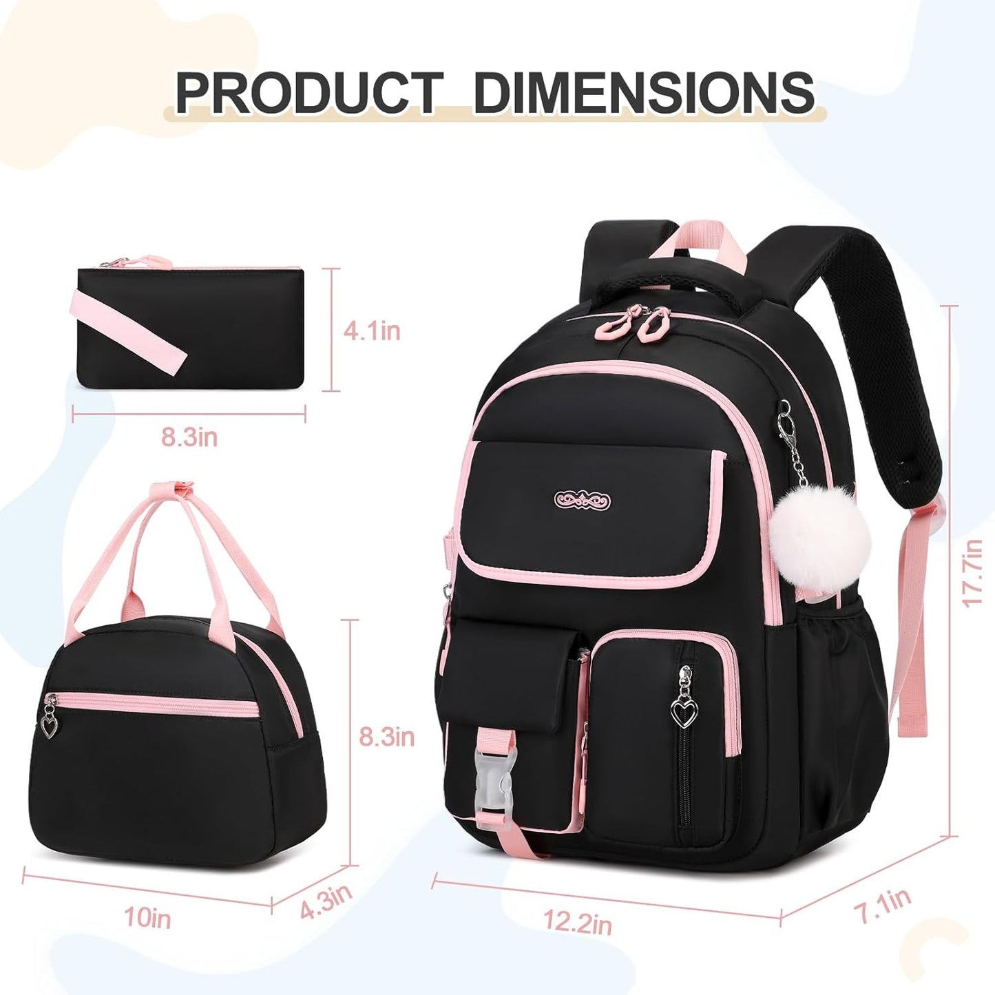 3PCS School Backpack for Girls with Lunch Box Pencil Pouch for Teen Girls Children Elementary Primary Middle High College Daypack School bag Bookbag Set Pink