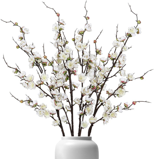 Betylifoy Artificial Plum Blossom Flowers 4Pcs Faux Silk Cherry Blossom 38" Long Stems Fake Plum Blossom Branches Artificial Silk Flower for Flowers Arrangement Wedding Home Table Decor (White, 4PCS)