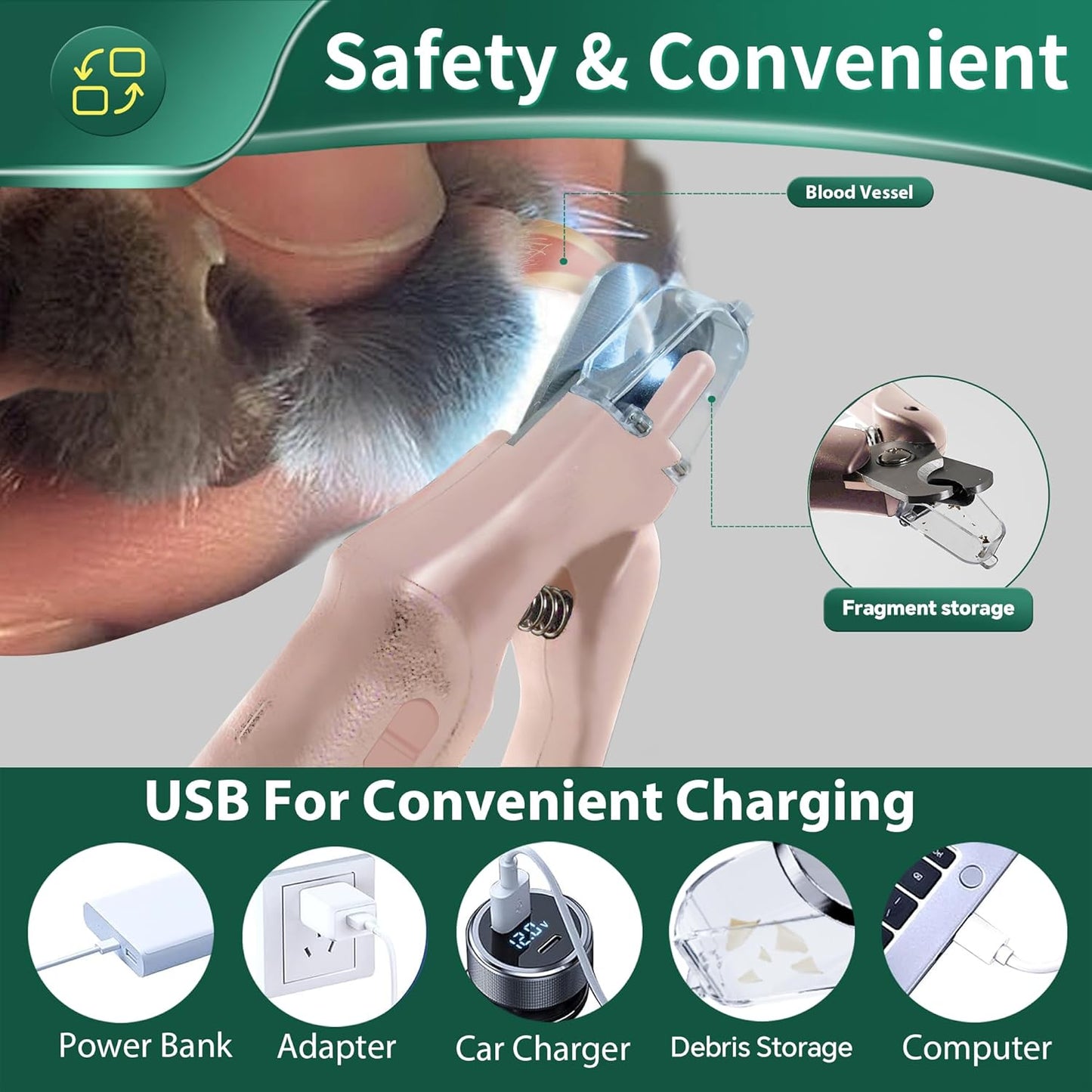 CATPICK 2-in-1 Cat Nail Clippers & Dog Nail Clippers Trimmers for Large Medium Small Dogs Cats Claw Trimmer Quick Sensor and Safety Guard USB Rechargeable with 2 LED Lights Dogs Nail Trimmer