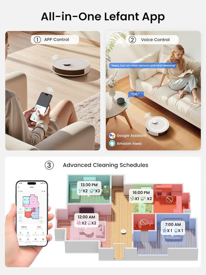 Lefant M2 Plus Robot Vacuum and Mop Combo,190° PSD Obstacle Avoidance,LIDAR Navigation,6000Pa Powerful Suction,40-Day Capacity, Perfect for Pet Hair,140 Min Runtime, WiFi/App/Alexa