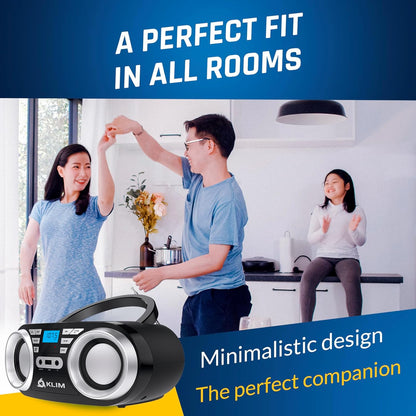 KLIM B3 Portable CD Player Boombox with FM Radio, Bluetooth, USB, AUX, and FM Radio Dual Speakers, EQ Sound Effects, 20 Preset Stations, Compact and Lightweight - Black No RGB