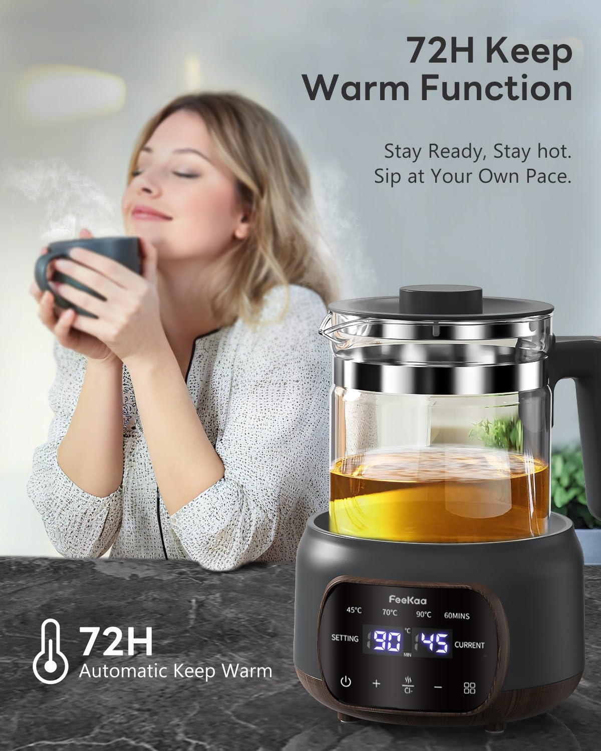Feekaa 1.3L Electric Kettle,Glass Teapot with Removable Infuser,Black | Tea Maker,Health Pot,Bouilloire électrique,Time & Temperature Control,72H Keep Warm,for Boil Water,Tea,Coffee,Milk Warming