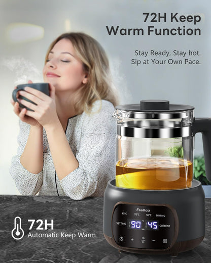 Feekaa 1.3L Electric Kettle,Glass Teapot with Removable Infuser,Black | Tea Maker,Health Pot,Bouilloire électrique,Time & Temperature Control,72H Keep Warm,for Boil Water,Tea,Coffee,Milk Warming