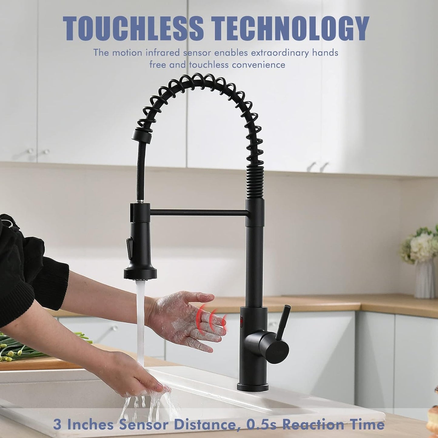 GIMILI Matte Black Kitchen Faucet with LED Light,Single Hole Spring Kitchen Sink Faucet with Pull Down Sprayer