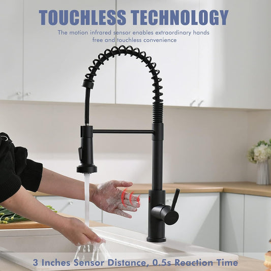 GIMILI Touchless Spring Kitchen Faucet with Pull Down Sprayer, Single Handle Motion Sensor Activated Hands-Free Kitchen Sink Faucet, Single Hole Smart Kitchen Faucet, Solid Brass, Matte Black - PuriLite