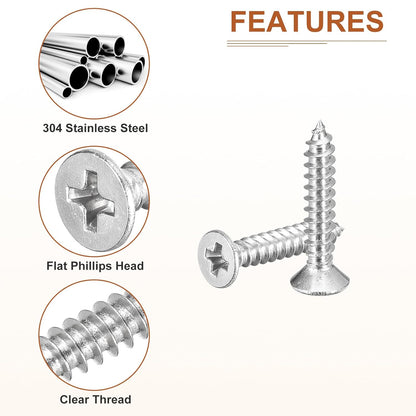 DTGN 100Pcs #6x1/2 Flat Head Wood Screws, 304 Stainless Steel Phillips Self Tapping Screws - Good for Woodworking, Furniture - Silver