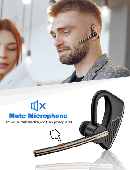 Bluetooth Headset V5.2 New Bee Bluetooth Earpiece CVC8.0 Dual Mic Noise Cancelling Wireless Handsfree 24Hrs Talktime Driving Headset with Mic Mute for iPhone Android Smartphone Business Office