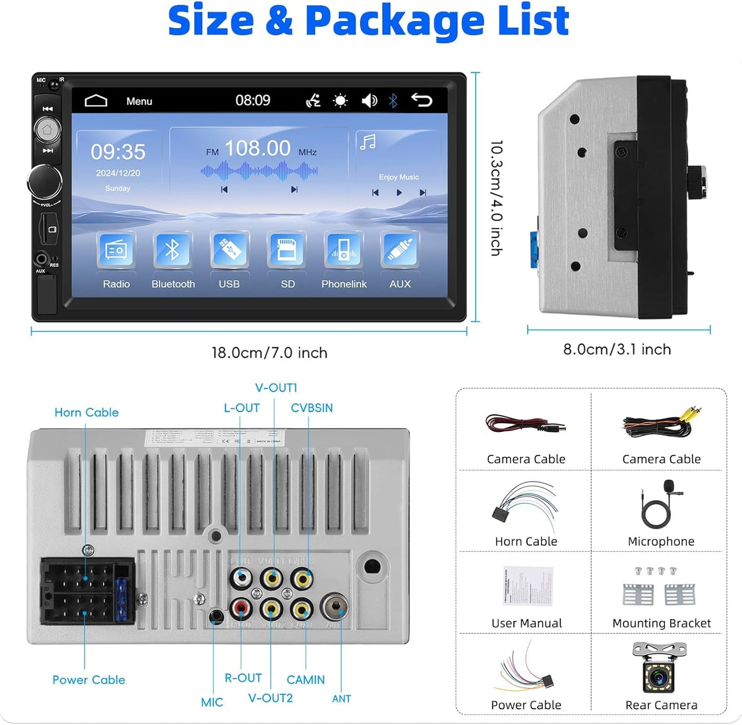 Universal Double Din Car Stereo 7 inch Touchscreen Radio with Mirror Link FM Receiver Multimedia Player Head Unit Bluetooth EQ USB TF AUX+ 12 LED Backup Camera MIC