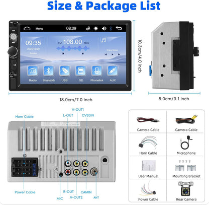 Universal Double Din Car Stereo 7 inch Touchscreen Radio with Mirror Link FM Receiver Multimedia Player Head Unit Bluetooth EQ USB TF AUX+ 12 LED Backup Camera MIC