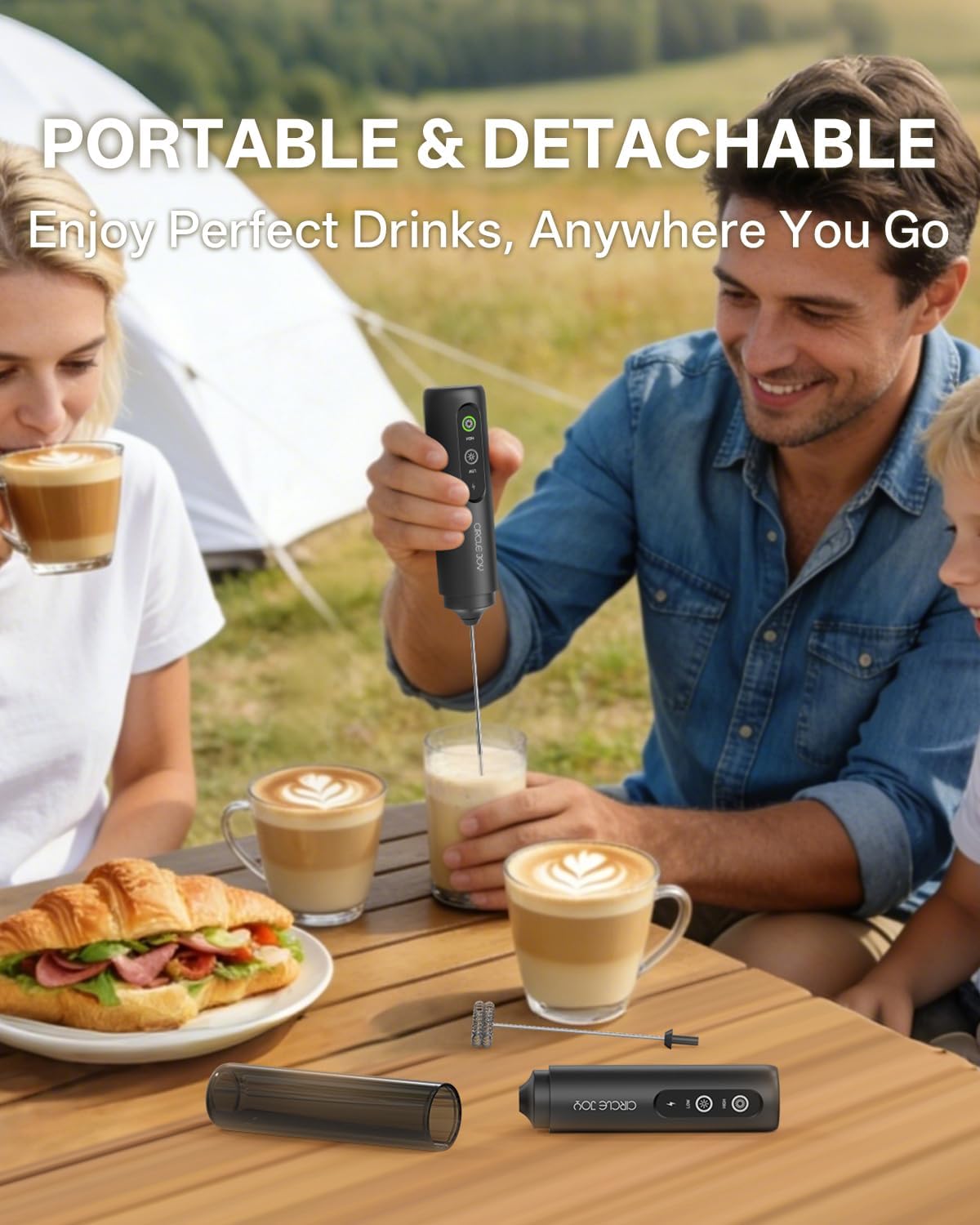 CIRCLE JOY Electric Milk Frother Handheld with Cover, Rechargeable 2 Speed Dual Coil Whisk Head Electric Coffee Frother, Portable Hand Frother Wand Drink Mixer for Matcha Lattes Cappuccino