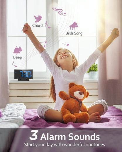GOLOZA Digital Alarm Clock for Bedrooms, Modern Curved Design, Conspicuous Blue LED Numbers, 6 Levels Brightness, 3 Alarm Tones,2 Volume, Snooze, Power-Off Memory, 12/24H, Bedside Clock