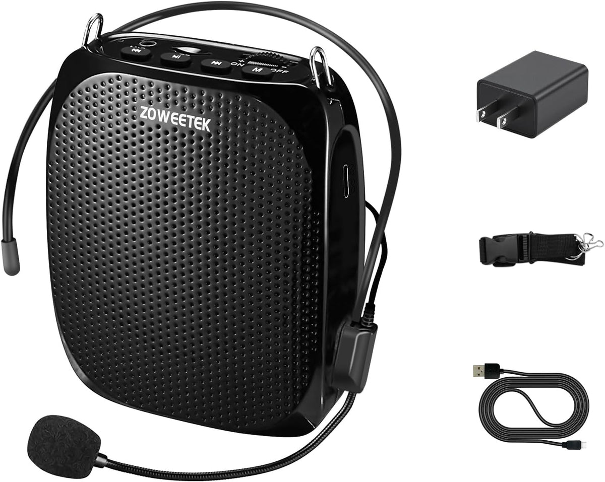 ZOWEETEK Portable Rechargeable Mini Voice Amplifier with Wired Microphone Headset and Waistband, Supports MP3 Format Audio for Teachers, Singing, Coaches, Training, Presentation, Tour Guide