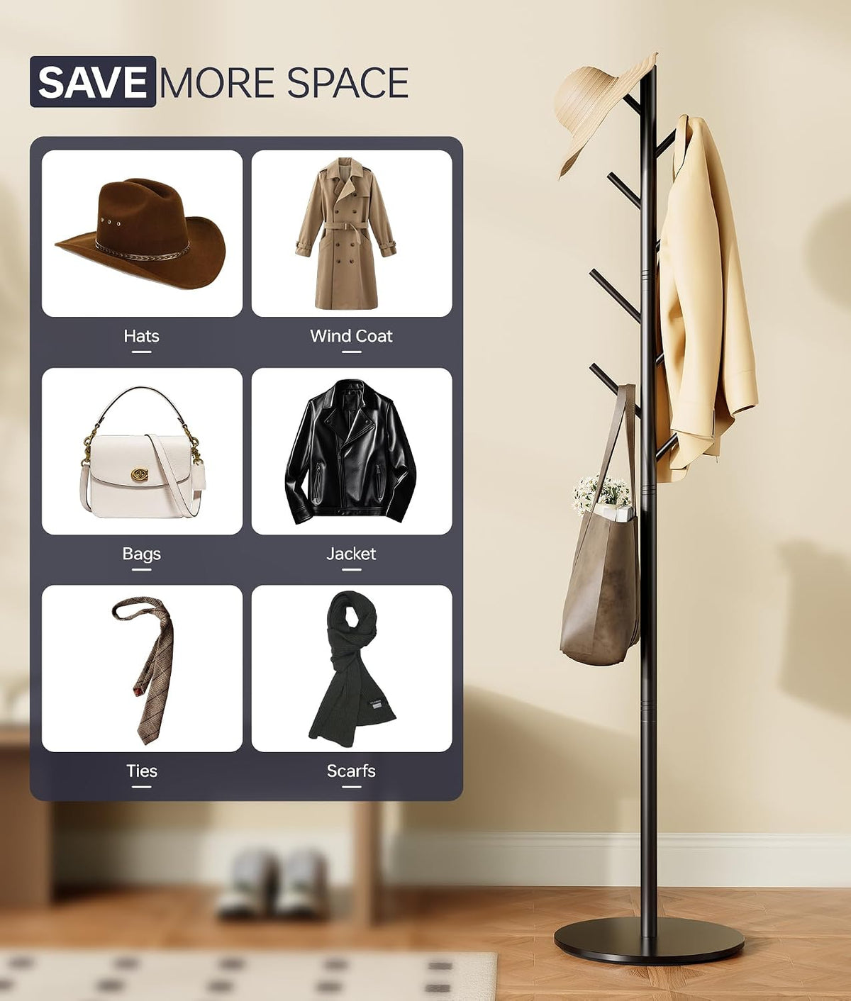 Coat Rack with 8 Hooks, Adjustable to 3 Heights, Modern Hall Tree, Sturdy Metal Coat Stand with Sintered Stone Base, for Entryway, Office or Bedroom, Ideal for Coats, Hats and Bags, Black