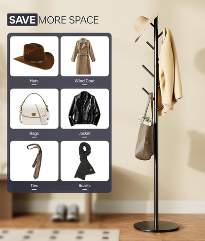 Coat Rack with 8 Hooks, Adjustable to 3 Heights, Modern Hall Tree, Sturdy Metal Coat Stand with Sintered Stone Base, for Entryway, Office or Bedroom, Ideal for Coats, Hats and Bags, Black