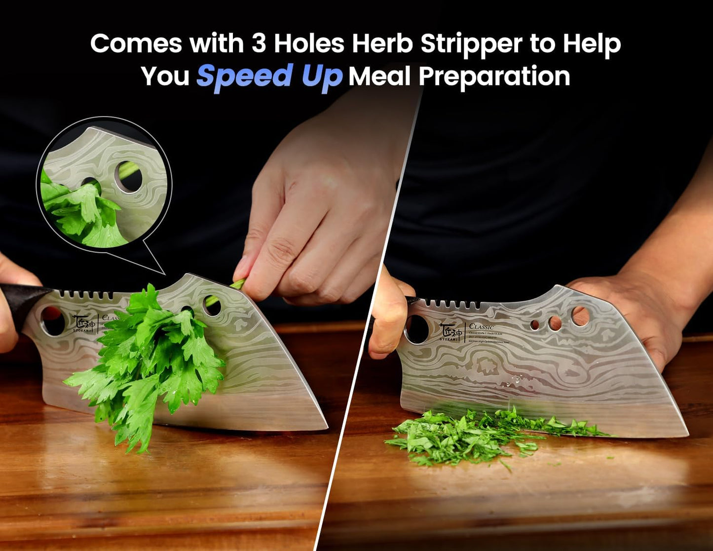 SYOKAMI Meat Cleaver Chef Knife, 7.7 Inch Multifunction Butcher Knife with Herb Stripper and Sheath, Chinese Cleaver Heavy Duty Bone Chopper, Meat Cutting, Damascus Pattern Full Tang Wood Handle
