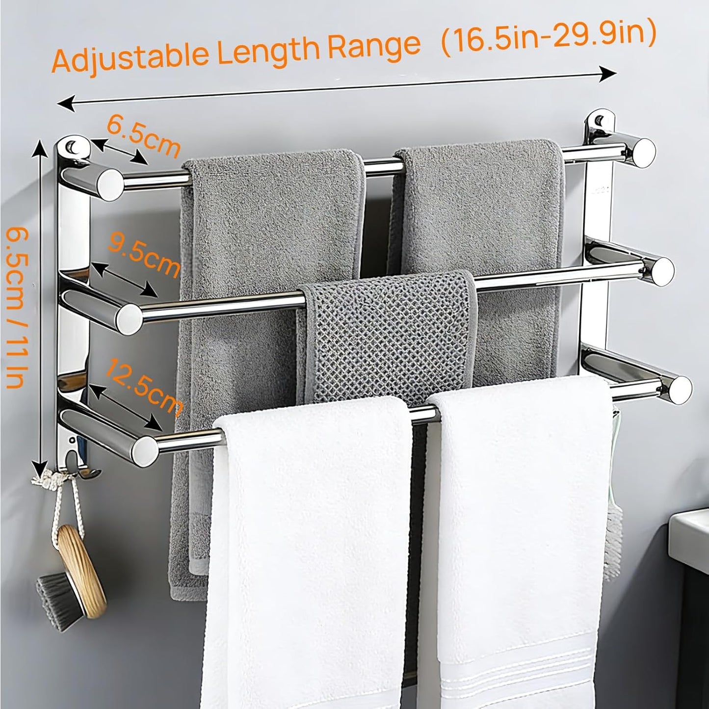 SUS304 Three Bar Adjustable Towel Rack, Expandable Range:16.5 in to 29.9 in, Bathroom Towel Holder with Double Hooks,Two Installation Methods:Drillinstallation and No-Drill Installation.(Silvery)