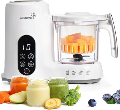 Grownsy Baby Food Maker, Steamer & Blender Food Processor, White Steamer, Blend, Sterilize, Heat, Thaw - Baby Food Robot for Weaning, Easy to Use and Clean