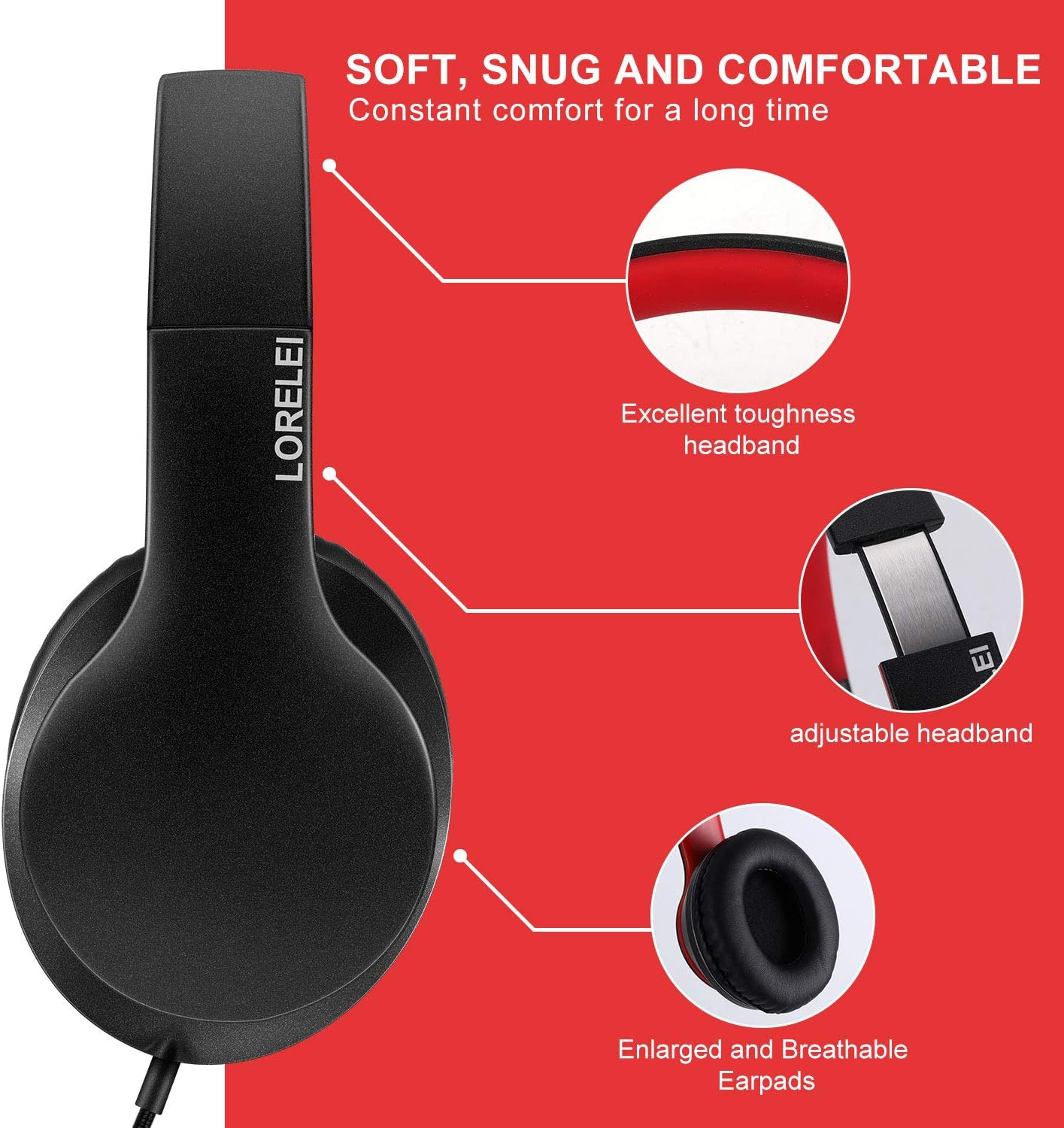 LORELEI X6 Over-Ear Wired Stereo Bass Headphones with Microphone, Lightweight, Foldable & Portable with 1.45M No-Tangle for Smartphone, Tablet, MP3/4, Space Black
