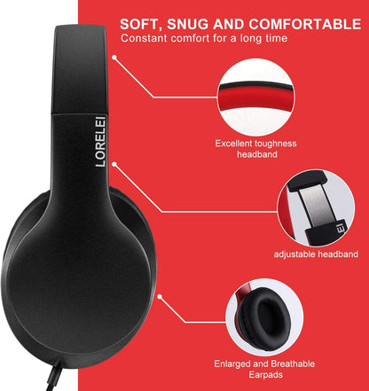 LORELEI X6 Over-Ear Wired Stereo Bass Headphones with Microphone, Lightweight, Foldable & Portable with 1.45M No-Tangle for Smartphone, Tablet, MP3/4, Space Black