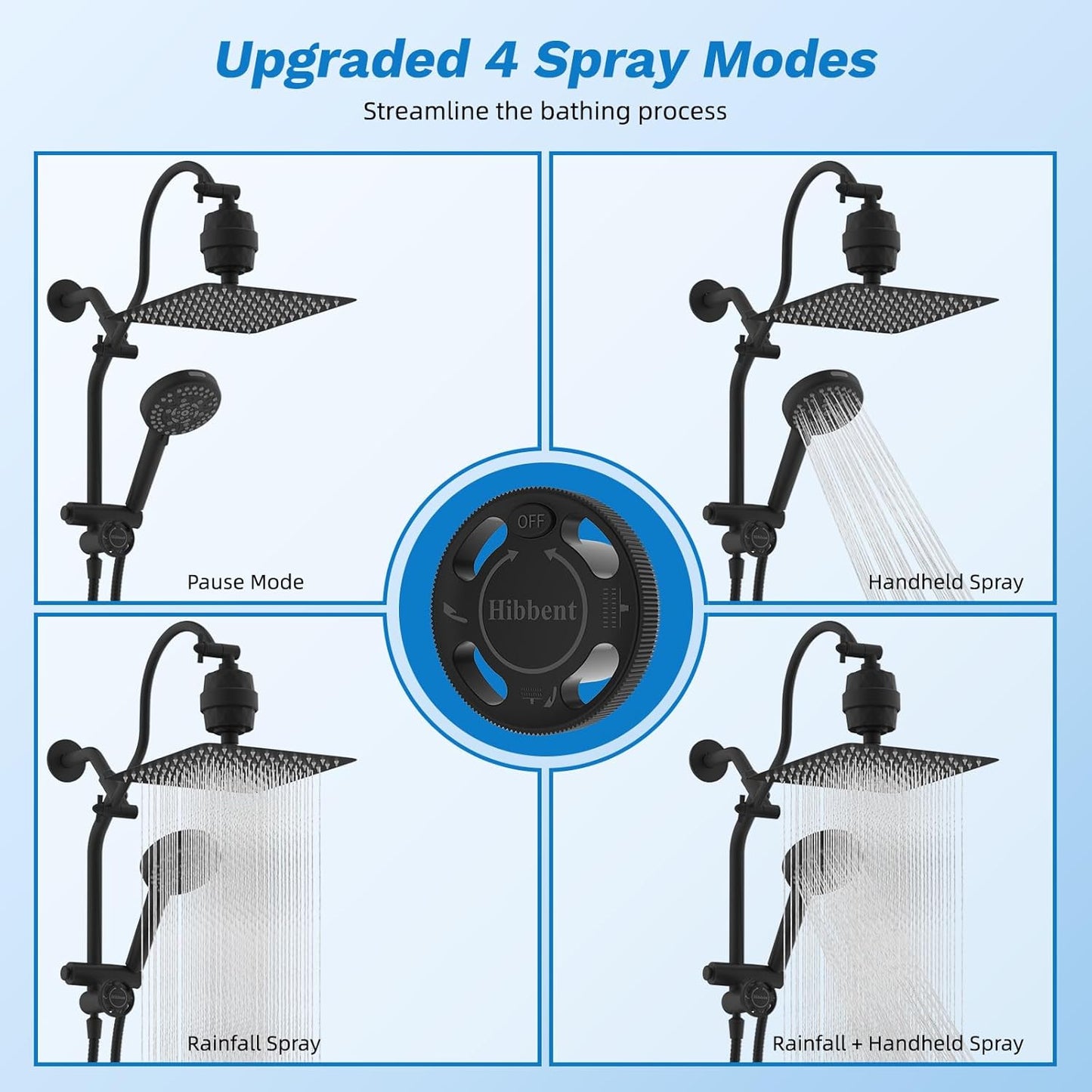 Hibbent Upgraded All Metal 10"Rainfall Showerhead Combo, High Pressure Shower Head with 10-Spray Mode Handheld, Innovative 4-way Diverter with Pause Mode, 71'' Shower Hose and Handheld Holder, Chrome
