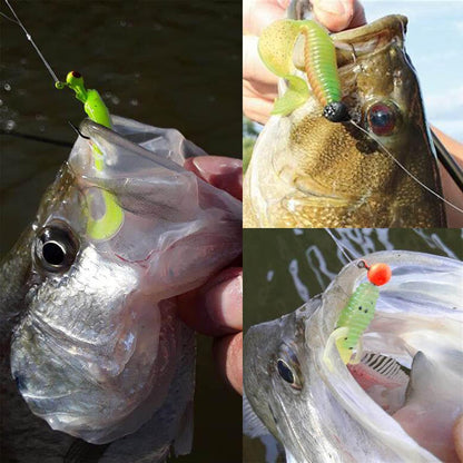 Soft Lures Fishing Jigs Kit, Worm Grub Fishing Lures Jig Head Hooks Kit Grubs Bait Jig Heads Soft Plastic Bait Crappie Jigs Tubes Baits Curved Tail Lure Fishing Lures Kit for Walleye Bass Trout