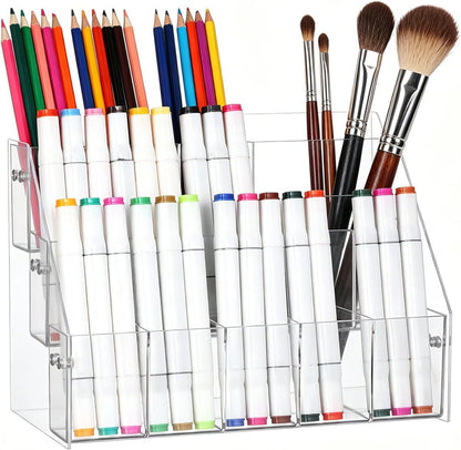 Luxshiny Acrylic Pen Holder Pencil Organizer with 3-tier Right Angle Design, Marker Storage Rack for Desk Stationery Display, Plastic Pen Container Suitable for Office and School Supplies