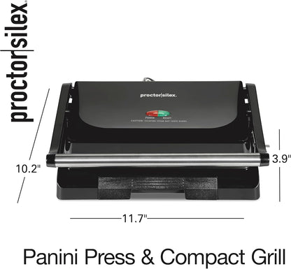 Proctor Silex 4 Serving Panini Press, Sandwich Maker and Compact Indoor Grill, Upright Storage, Easy Clean Nonstick Grids, Black (25440PS)