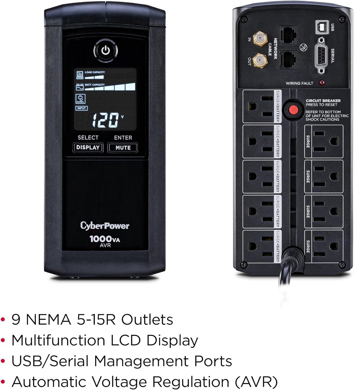 CyberPower CP1500AVRLCD3 Intelligent LCD UPS System, 1500VA/900W, 12 Outlets, 2 USB Ports, AVR, Mini Tower, Black