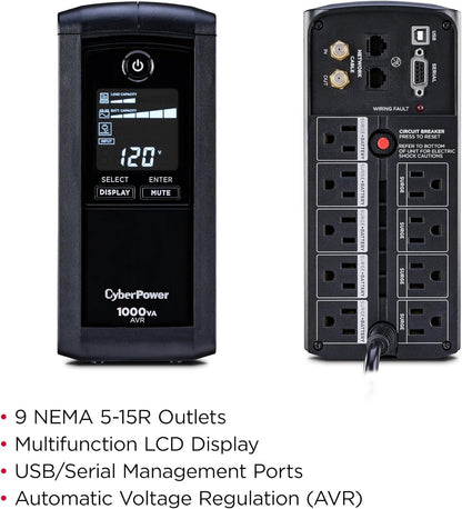 CyberPower CP1500AVRLCD3 Intelligent LCD UPS System, 1500VA/900W, 12 Outlets, 2 USB Ports, AVR, Mini Tower, Black