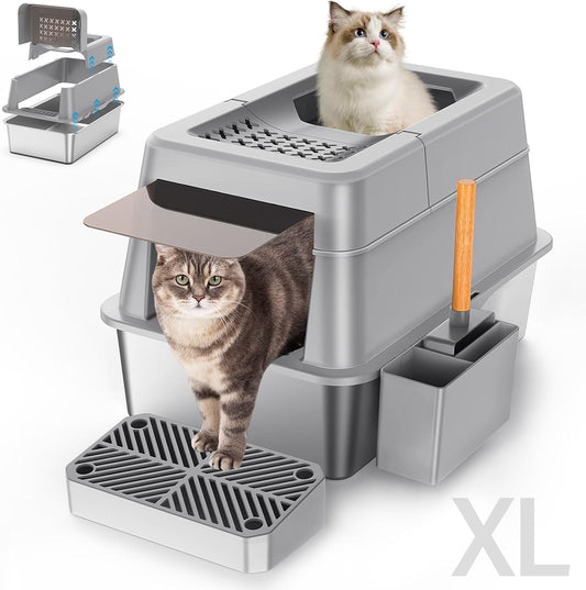 Stainless Steel Litter Box with Lid, XL Extra Large Enclosed Cat Litter Box for Big Cats 110° Flip Cover, Top Entry Metal High Sided Litter Box & Pedal & Scoop, Anti-Leakage (Grey)