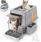 Stainless Steel Litter Box with Lid, XL Extra Large Enclosed Cat Litter Box for Big Cats 110° Flip Cover, Top Entry Metal High Sided Litter Box & Pedal & Scoop, Anti-Leakage (Grey)