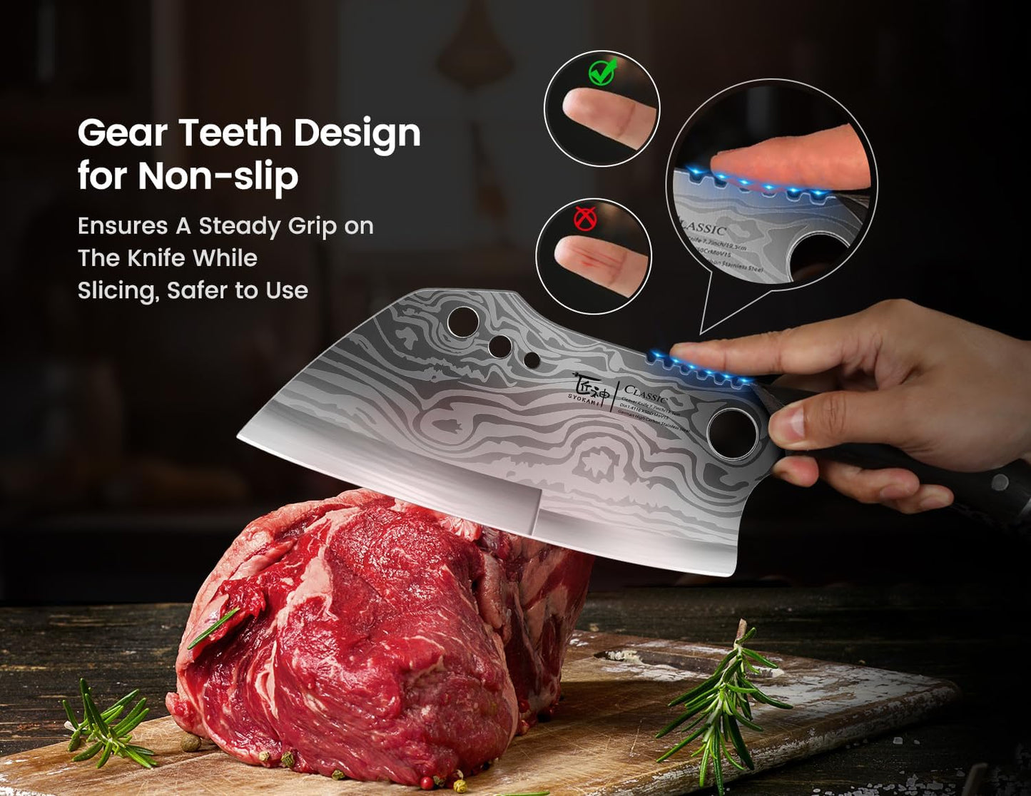 SYOKAMI Meat Cleaver Chef Knife, 7.7 Inch Multifunction Butcher Knife with Herb Stripper and Sheath, Chinese Cleaver Heavy Duty Bone Chopper, Meat Cutting, Damascus Pattern Full Tang Wood Handle