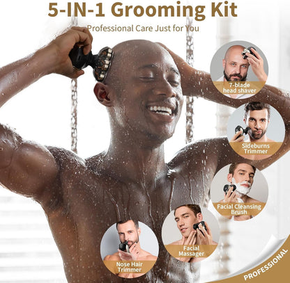 SHPAVVER Head Shavers for Bald Men: 5-in-1 Detachable Electric Bald Razor-IPX7 Waterproof Wet/Dry Shaving-Rechargeable 7D Rotary Shaver Grooming Kit-LED Display & Type-C Charge