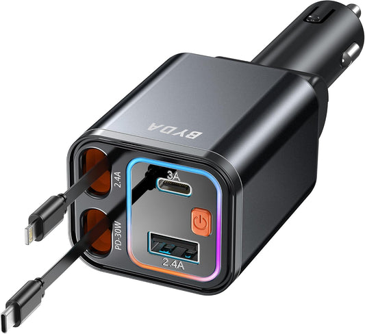 4 in 1 Retractable Car Charger,69W Fast Charging USB C for iPhone 16/15/14/13/12,iPad,Android,Galaxy,Pixel,Cigarette Lighter Adapter (Light-ning+USB-C)