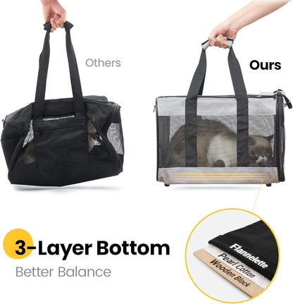 Conlun Cat Carrier Airline Approved, Soft-Sided Dog Carrier with Inner Safety Leash, Pet Transport Carrier for Small-Medium Cats Puppies up to 15 Lbs, Collapsible Travel Kitten Carrier Bag -Black M