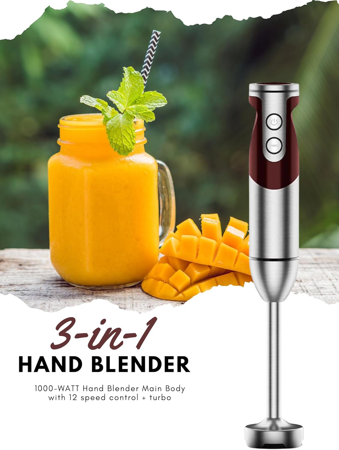 MEGAWISE new Hand Blender Series Only one Hand Blender,no attachments,12-Speed,Includes Powerful Blender Stick- Easy to Clean and Perfect for Smoothies, and More (Black)