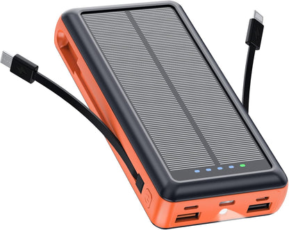 Solar Charger Power Bank, 20000mAh Portable Phone Charger Built-in 2 Output Cable with USB C in/Output, PD20W QC 3.0 Fast Charging and Flashlight for iPhone Samsung Huawei Google etc (Orange)