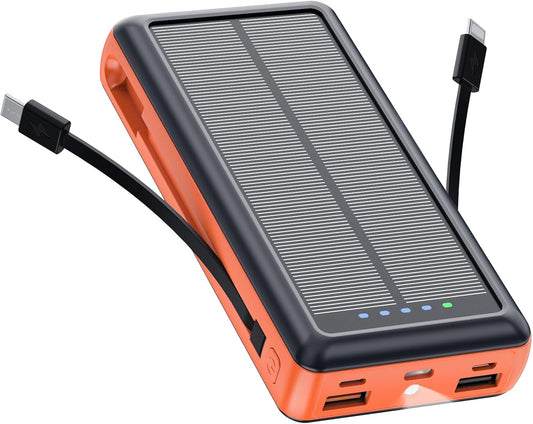 Solar Charger Power Bank, 20000mAh Portable Phone Charger Built-in 2 Output Cable with USB C in/Output, PD20W QC 3.0 Fast Charging and Flashlight for iPhone Samsung Huawei Google etc (Orange)