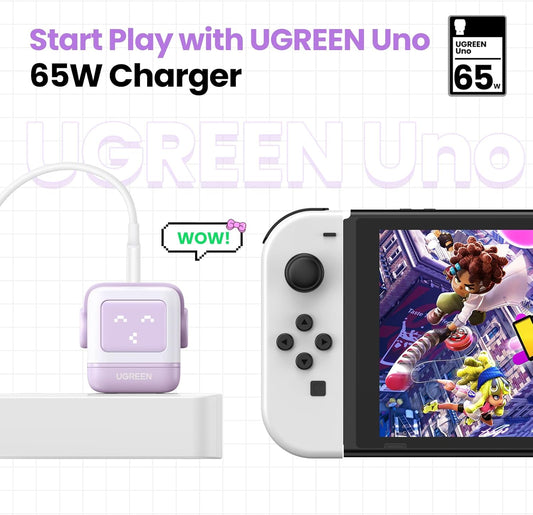 UGREEN Uno 65W USB C Charger, Nexode Robot GaN Fast Charger Block 3-Port, Compact Wall Charger Power Adapter for MacBook Pro/Air, iPhone 15 14 Pro, Galaxy S23 Ultra, Pixel 8, iPad, Steam Deck, Purple - PuriLite