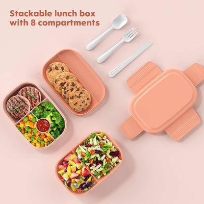 Bento Box Adult - 3 Layers Stackable Lunch Containers for Adults & Kids, 72oz Large Salad Containers for Lunch with Utensil Sauce Dressing Containers for Dining Out,Work,Pink