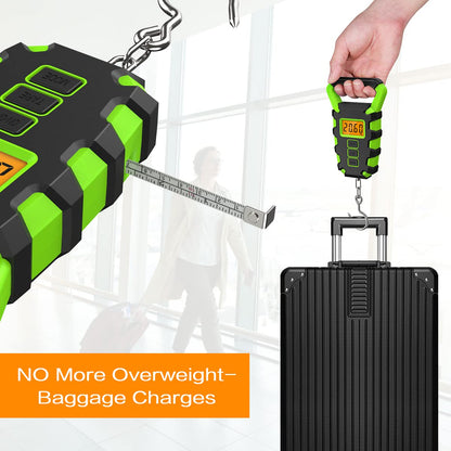 JXTZ Digital Fishing Scale, 110 lb / 50 kg Digital Luggage Scale with Backlit LCD Display, IPX4 Waterproof Hanging Scale with Measuring Tape, for Ice Fishing, Home Outdoor, Batteries Included - Green