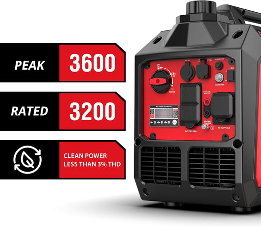 PowerSmart 3600W Portable Inverter Generator, Whisper Quiet Generator for Home Use, Camping, RV Ready, Gas Powered, Black & Red, Lightweight & Compact Design