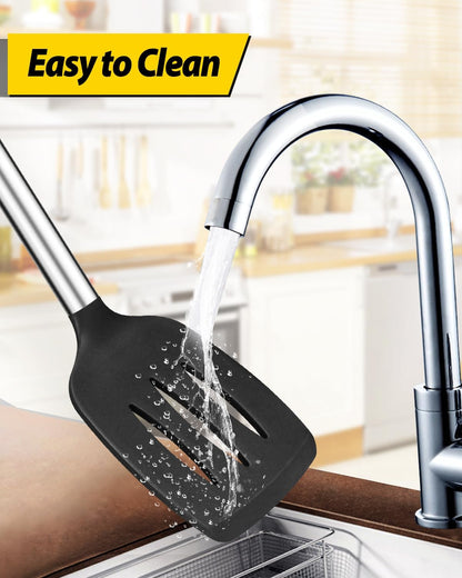 Pack of 2 Silicone Slotted Spatula,Non Stick Solid Kitchen Turner, High Heat Resistant BPA Free Cooking Utensils for Fish, Eggs, Pancakes（Black